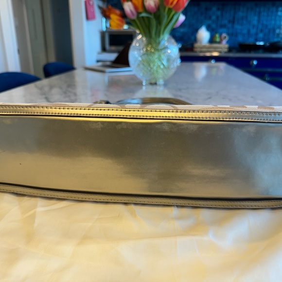 Coach gold and tan jacquard fabric tote with tan trim, pink satin lining. - Picture 4 of 12